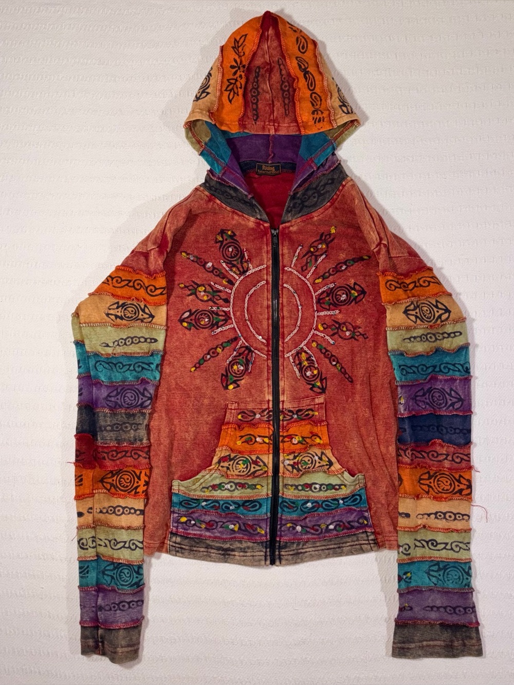 Rising International Women’s Patchwork Hoodie Full Zip Jacket Size M Boho Hippie